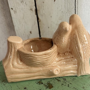 May include: A peach-colored ceramic planter featuring a bird family. The planter has a nest-shaped bowl and two birds perched on a log. The birds are detailed with textured feathers, and the planter is a charming decorative piece.