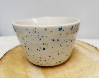 Vintage Handmade Ceramic Bowl Planter White Blue Green Cottagecore, Boho, 1970s,  Specke