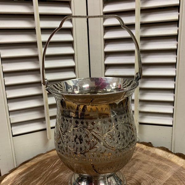 Vintage Silverplate Vase, Bucket, Ornate, Etched, Engraved, Floral, Made in India, Floral, Cottagecore, Boho