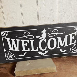 primitive Halloween Welcome Sign Handmade Black and White Bats Witch Spider Cobwebs Decor Rustic 18” x 7” Handpainted Wood OOAK