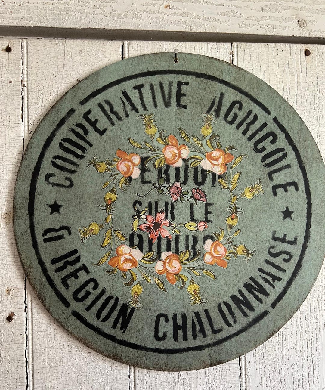 Round Lt Blue Sign Primitive Rustic French Country Flowers Pink Floral ...