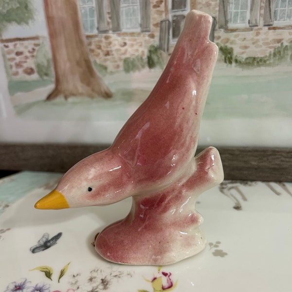 Vintage PINK Bird, Ceramic, Porcelain, Figurine, Sitting on Branch, Collectible, Animal, Cottagecore, Grannycore, Cottage Chic