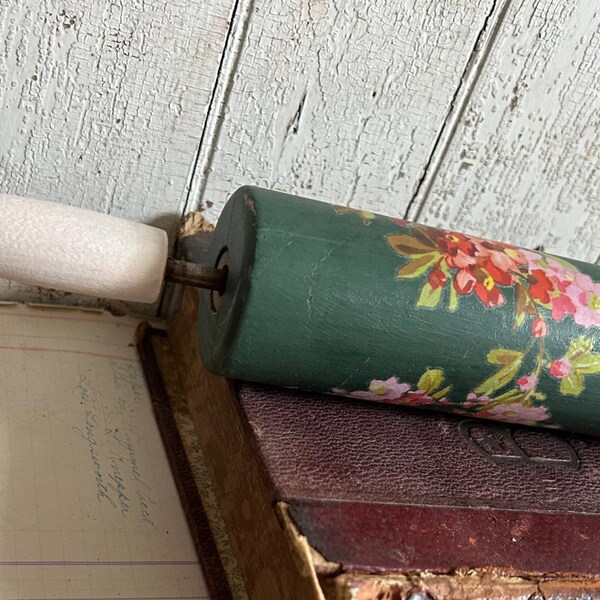 Upcycled Vintage Rolling Pin Dark Green Pink Flowers Country Floral Cottagecore Farmhouse Style Decor Decorative Kitchen