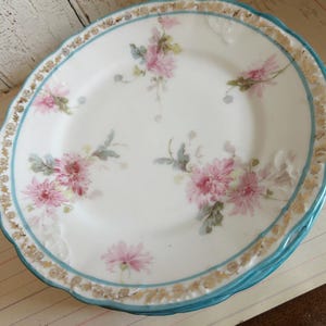 Set of 4 Antique Vintage China Porcelain Small Dinner Plates White with Blue and Gold Trim and Pink and Green Flowers, Pretty Floral Design