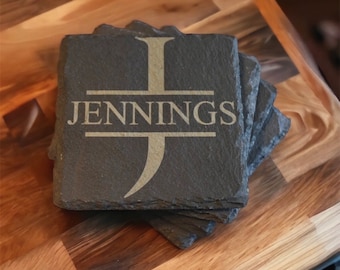 Personalized Slate Coasters Set — Laser Engraved Monogram Stone Coasters | Custom Last Name Gift | Housewarming Wedding Gift | Home Bar