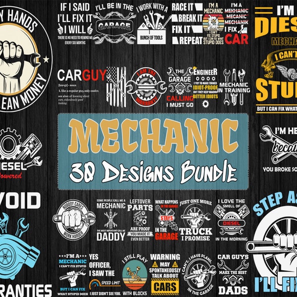 30 Editable Mechanic T-Shirt Designs Bundle | Eps - Svg - Png - Dxf| Multiple File Format | Editable Design | Print on Demand