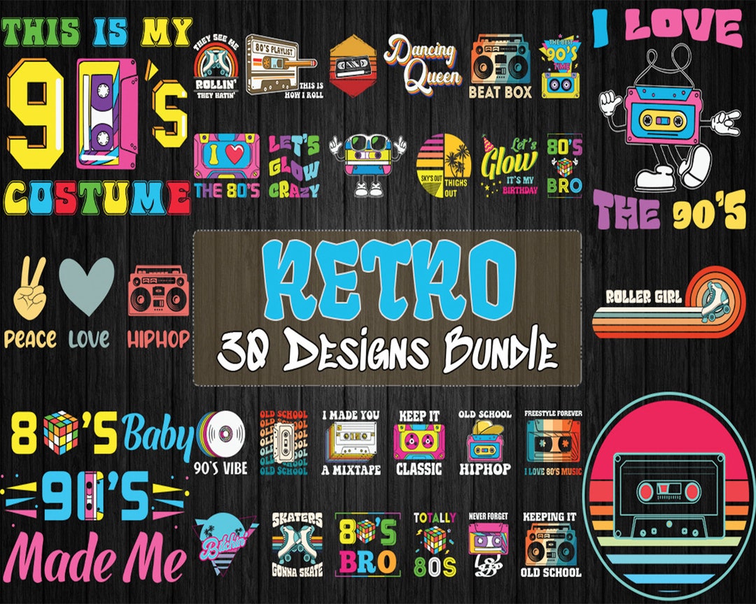 30 Editable Retro 80s 90s T-shirt Designs Bundle | Eps - Svg - Png ...