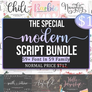 May include: A collage of colorful images featuring 59 different modern script fonts. The text "THE SPECIAL modern SCRIPT BUNDLE" is displayed in a large, bold font. The text "59+ Font In 59 Family" is displayed below the title. The text "NORMAL PRICE $717" is crossed out with a red line. The text "$1" is displayed in a large, bold font in a purple circle.