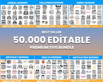 50,000 編集可能なデザインバンドルパッケージ | SVG - PNG -DXF | マルチファイル形式 | オンデマンド印刷 | デジタル配信 | Teespring Designs | 編集可能