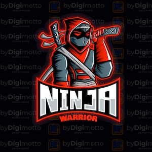 May include: A red and black ninja warrior logo with the text "NINJA WARRIOR" in white letters. The logo features a ninja holding a katana sword.