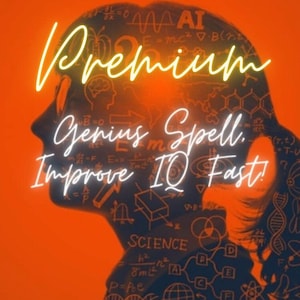Puede incluir: Una ilustración digital de una cabeza humana con un cerebro en su interior. El cerebro está lleno de fórmulas y símbolos científicos. El texto "Premium Genius Spell. Improve IQ Fast!" está escrito en letras de neón amarillo.