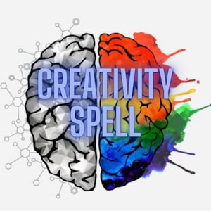 May include: A colorful illustration of a brain divided in half, one side is gray and the other is rainbow colored. The text "CREATIVITY SPELL" is written in blue across the center of the image.