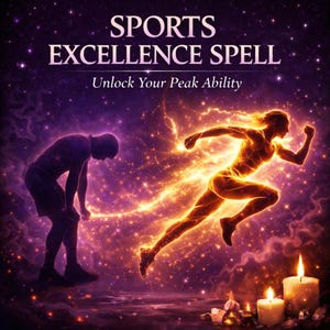 May include: An artistic digital image with the text "SPORTS EXCELLENCE SPELL" and "Unlock Your Peak Ability". It depicts a runner glowing with energy, and a person in shadow. Candles and stars are also visible.