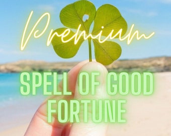 May include: A hand holding a four-leaf clover with the text "Premium Spell of Good Fortune" in green letters.