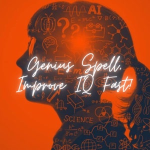 Op de afbeelding: Een silhouet van een mensenhoofd met verschillende wetenschappelijke formules en symbolen die erop zijn gesuperponeerd. De tekst "Genius Spell. Improve IQ Fast!" is geschreven in witte letters op een rode achtergrond.