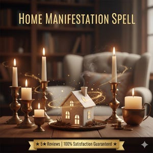 Puede incluir: Imagen de un hechizo de manifestación para el hogar. La escena incluye velas encendidas en candelabros de latón, una casa en miniatura y el texto "HOME MANIFESTATION SPELL". Las velas son de diferentes tamaños y formas, creando un ambiente cálido.