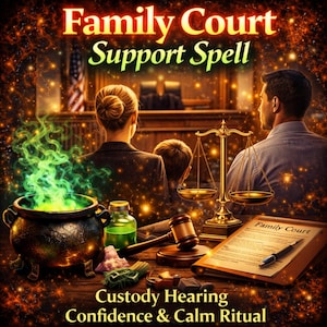 May include: An image with the text "Family Court Support Spell" and "Custody Hearing Confidence & Calm Ritual". The image features a courtroom scene with a cauldron, scales, and a gavel.