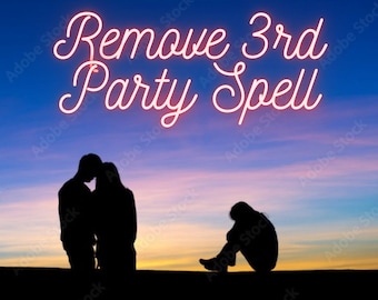 Könnte beinhalten: Silhouetten von zwei Personen, die eng beieinander stehen, und einer Person, die allein vor einem farbenfrohen Sonnenuntergangshimmel sitzt. Der Text "Remove 3rd Party Spell" ist in pinken Neonbuchstaben geschrieben.