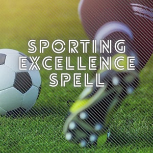 May include: A close-up of a soccer player's foot wearing black and yellow cleats kicking a white and black soccer ball. The text "SPORTING EXCELLENCE SPELL" is superimposed on the image.