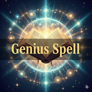 Op de afbeelding: Een open, oud boek met de woorden "Genius Spell" over een kosmische achtergrond van sterren, bollen en lichtstralen. De pagina's van het boek zijn verlicht, wat wijst op een magisch of mystiek thema.