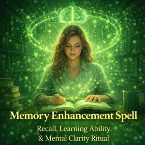 May include: A digital illustration depicts a woman writing in a book, surrounded by green light and a glowing brain above her head. The text reads "Memory Enhancement Spell, Recall, Learning Ability & Mental Clarity Ritual."