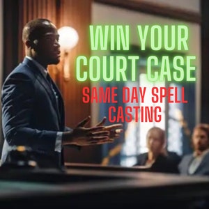 May include: A man in a suit stands in a courtroom with the text "WIN YOUR COURT CASE SAME DAY SPELL CASTING" in green and red letters.