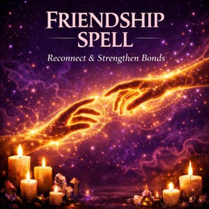 Peut inclure: Image artistique avec les mots "FRIENDSHIP SPELL" et "Reconnect & Strengthen Bonds". Deux mains lumineuses se tendent l'une vers l'autre, entourées d'étoiles et de lumière. Des bougies allumées et des cristaux sont au bas de l'image.
