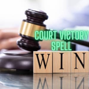 May include: A wooden gavel with a gold band rests above three wooden blocks spelling "WIN". The words "COURT VICTORY SPELL" are in green text above the blocks. The image has a blurred background.