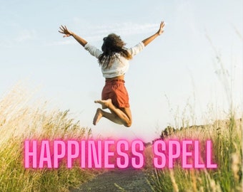 May include: A woman jumps in the air with her arms outstretched, against a blue sky and a field of tall grass. The text "Happiness Spell" is written in pink letters at the bottom of the image.