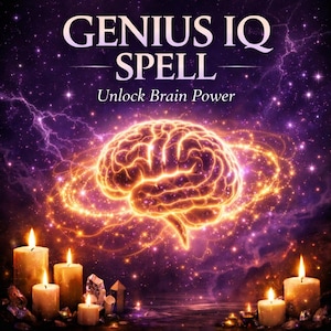 May include: An image with the text "GENIUS IQ SPELL" and "Unlock Brain Power". A glowing brain is surrounded by golden energy, set against a purple starry background with lightning. Lit candles and crystals are in the foreground.