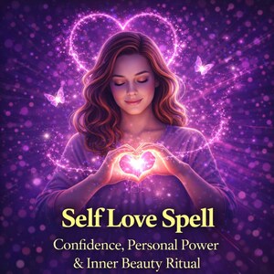 Könnte beinhalten: Digitales Kunstwerk einer Frau mit geschlossenen Augen, die mit ihren Händen ein Herz formt, umgeben von einem leuchtenden Herzen und Schmetterlingen. Der Text lautet "Self Love Spell: Confidence, Personal Power & Inner Beauty Ritual."