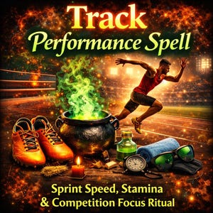 Può includere: Immagine con il testo "Track Performance Spell" e "Sprint Speed, Stamina & Competition Focus Ritual". L'immagine presenta un corridore, un calderone con fumo verde, scarpe da corsa, un cronometro e altri oggetti.