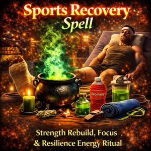 Puede incluir: Imagen con el texto "Sports Recovery Spell" y "Strength Rebuild, Focus & Resilience Energy Ritual". Un hombre descansa mientras un caldero emite humo verde. Otros elementos incluyen una botella con la etiqueta "Recovery", una toalla y una vela.