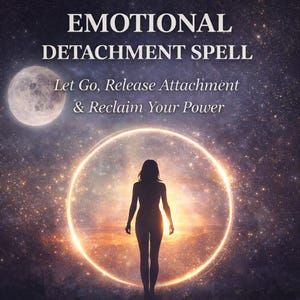 Puede incluir: Imagen con el texto "EMOTIONAL DETACHMENT SPELL" y "Let Go, Release Attachment & Reclaim Your Power". Una silueta de una persona se encuentra frente a un círculo brillante, con una luna y un fondo estrellado.