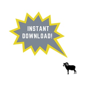 Może przedstawiać: Ż&oacute;łta gwiazda w kształcie wybuchu z tekstem "INSTANT DOWNLOAD!" w kolorze białym. Pod gwiazdą znajduje się czarna sylwetka barana z zakręconymi rogami.