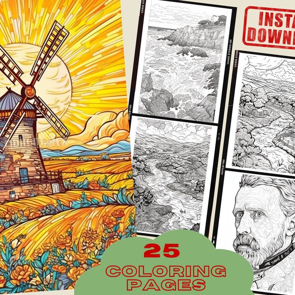 Modern Vincent van Gogh Inspired Coloring Book, 25 Artistic Pages, Abstract Coloring Book, Contemporary Art Coloring Motives, PDF File