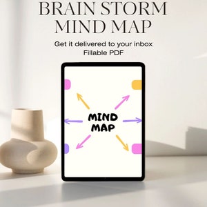 May include: A digital tablet displaying a mind map template with the words "MIND MAP" in the center. The template has six arrows pointing towards the center, each with a colored circle at the end. The tablet is on a white surface with a beige vase in the foreground. The text "BRAIN STORM MIND MAP" is at the top of the image, and the text "Get it delivered to your inbox Fillable PDF" is below the tablet.
