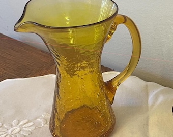 Vintage 1960s Amber gold cracked glass pitcher or cruet made in America, small handblown glass pitcher