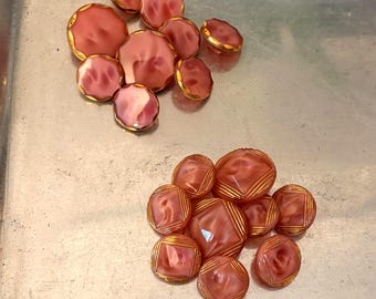 Two sets of Moonglow glass buttons with gold trim, Czech glass, Sets of 9