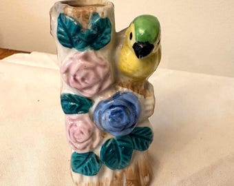 Vintage Made in Japan Ceramic Green Parrot on a branch of flowers, Floral bud vase, Mid-Century Decor