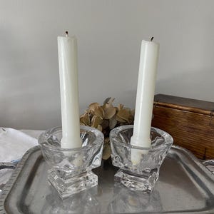Fostoria Transition MCM Crystal candlestick holders, Square Base with circular rim, sturdy design from the 1970s, votive or candlesticks
