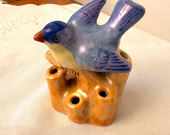 Vintage Made in Japan Ceramic Blue bird with luster glaze, Floral bud vase, Mid-Century Decor