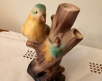 Czechoslovakia Ceramic Bird figurine, Floral vase, Mid-Century Decor