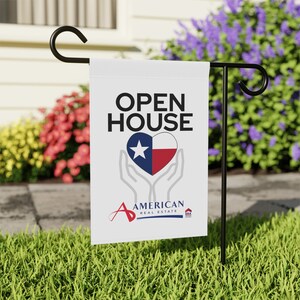 American Real Estate Heart in Hands Logo Open House Flag Banner, double-sided,  2 sizes