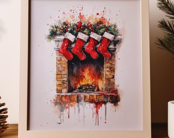 Cozy Christmas Fireplace Digital Watercolor Print | Holiday Stockings Art Download