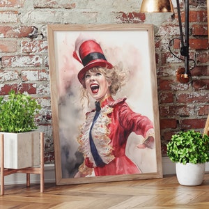 May include: A watercolour painting of a woman wearing a red and gold costume and a red top hat. She is singing with her mouth open and her eyes closed. The painting is framed in a wooden frame.