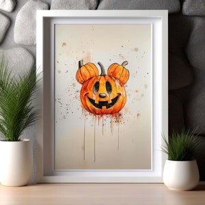 Mickey-Inspired Pumpkin Watercolor Art Print | Halloween Decor | Fall Wall Art | Digital Download