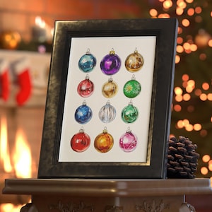 Festive Christmas Ornament Watercolor Print - Digital Downloadable Holiday Wall Art