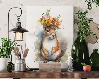 Squirrel with Flower Hat - Digital Downloadable Watercolor Print