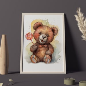Charming Watercolor Teddy Bear with Lollipop Digital Download Print